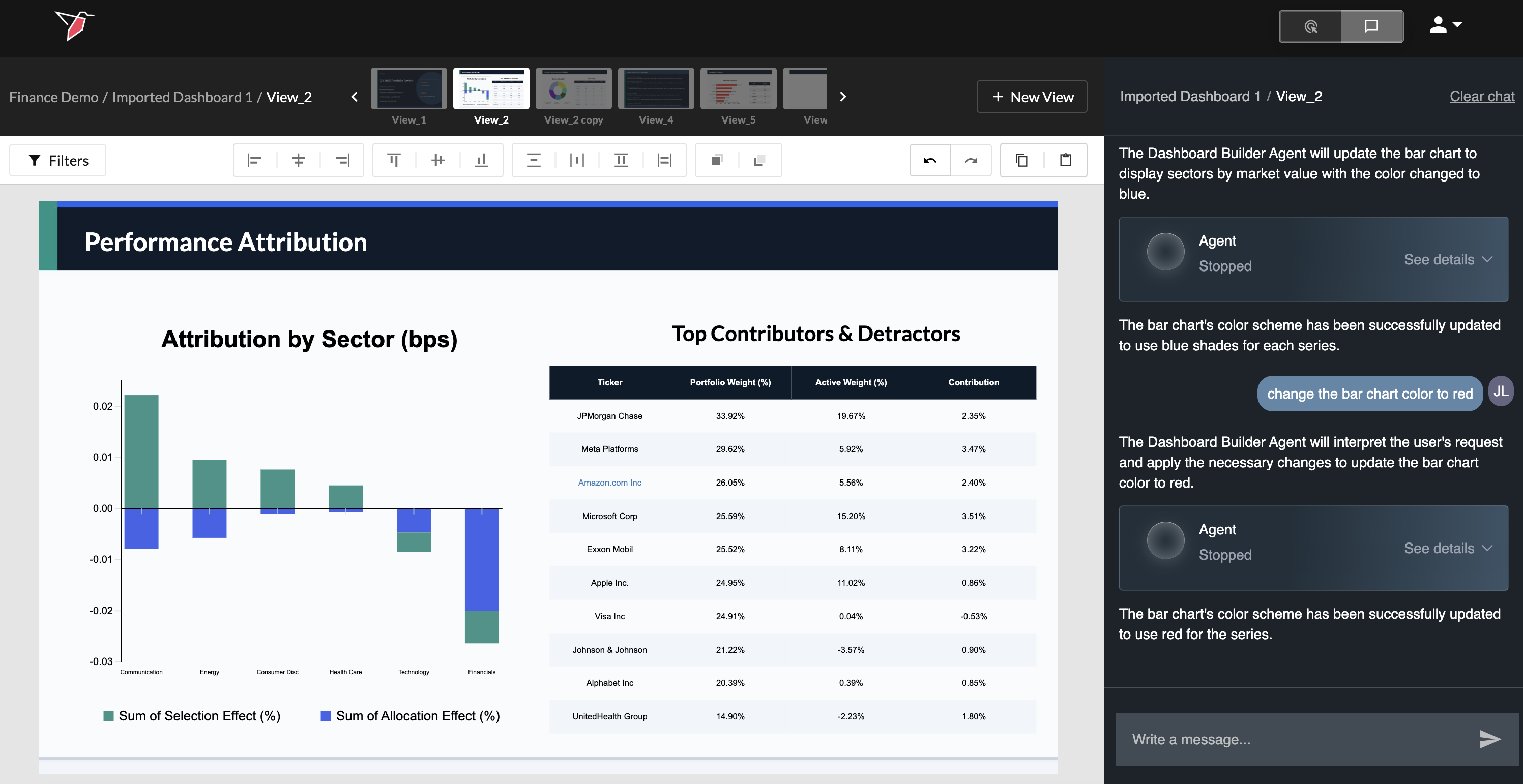 Report Builder canvas showing a slide with multiple element types and a chat panel